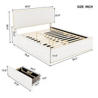 Lit plateforme en polaire, taille double, gris/blanc, 4 tiroirs, bord doré, pour 2 personnes