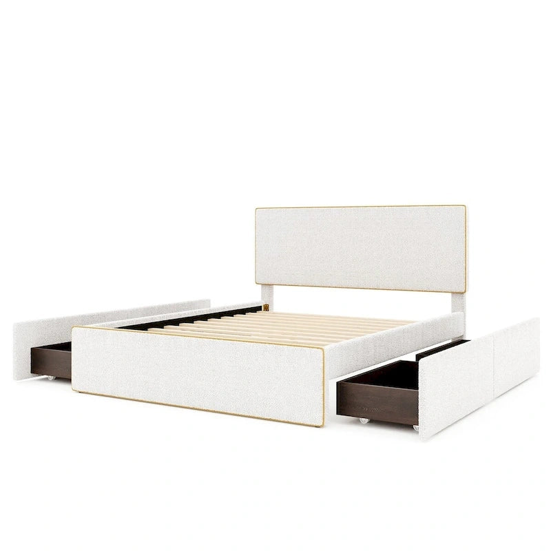 Lit plateforme en polaire, taille double, gris/blanc, 4 tiroirs, bord doré, pour 2 personnes