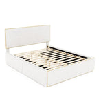 Lit plateforme en polaire, taille double, gris/blanc, 4 tiroirs, bord doré, pour 2 personnes