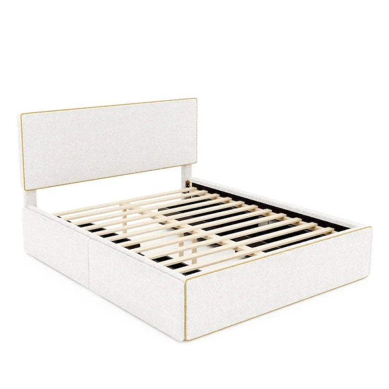 Lit plateforme en polaire, taille double, gris/blanc, 4 tiroirs, bord doré, pour 2 personnes