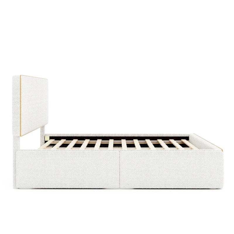 Lit plateforme en polaire, taille double, gris/blanc, 4 tiroirs, bord doré, pour 2 personnes