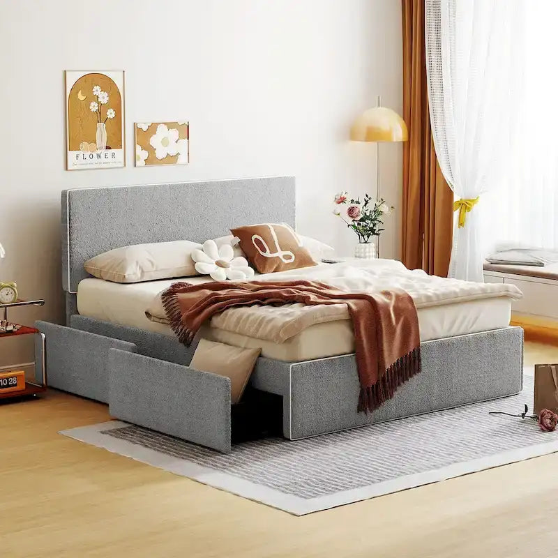 Lit plateforme en polaire, taille double, gris/blanc, 4 tiroirs, bord doré, pour 2 personnes