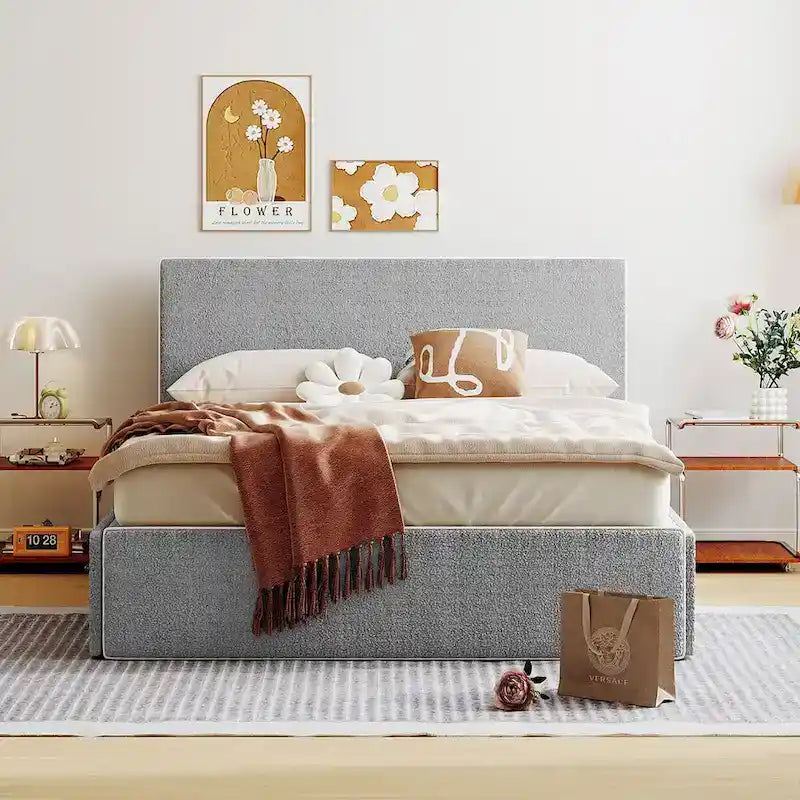 Lit plateforme en polaire, taille double, gris/blanc, 4 tiroirs, bord doré, pour 2 personnes