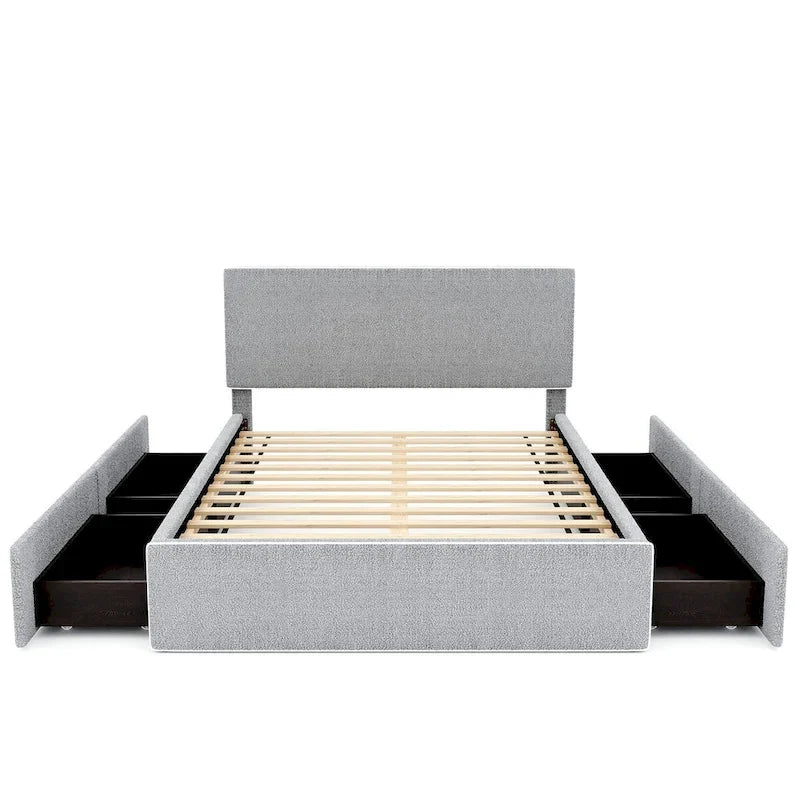 Lit plateforme en polaire, taille double, gris/blanc, 4 tiroirs, bord doré, pour 2 personnes