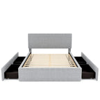 Lit plateforme en polaire, taille double, gris/blanc, 4 tiroirs, bord doré, pour 2 personnes