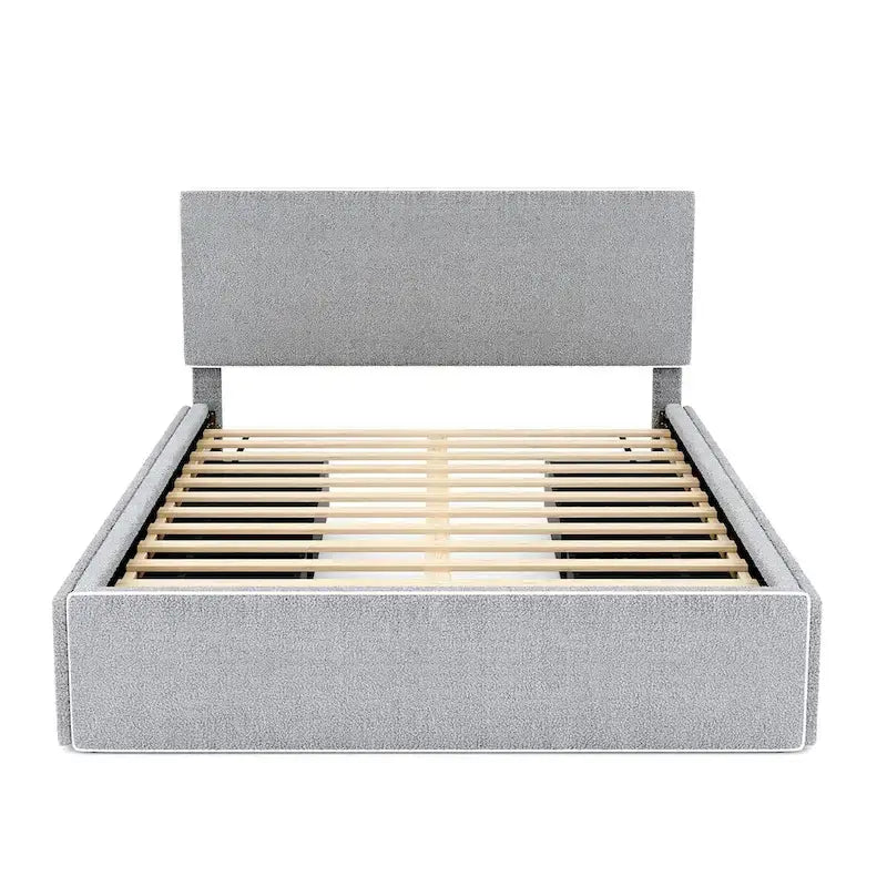 Lit plateforme en polaire, taille double, gris/blanc, 4 tiroirs, bord doré, pour 2 personnes