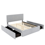 Lit plateforme en polaire, taille double, gris/blanc, 4 tiroirs, bord doré, pour 2 personnes
