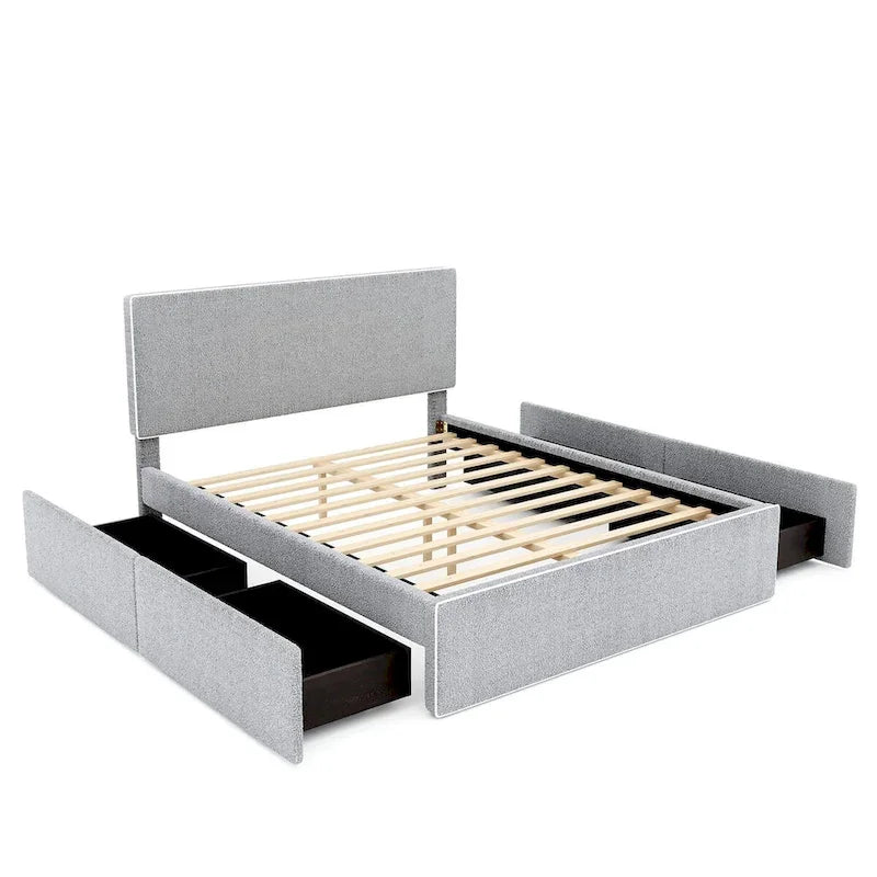 Lit plateforme en polaire, taille double, gris/blanc, 4 tiroirs, bord doré, pour 2 personnes