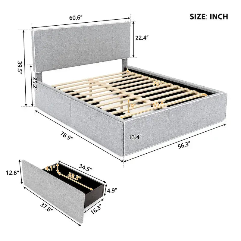 Lit plateforme en polaire, taille double, gris/blanc, 4 tiroirs, bord doré, pour 2 personnes