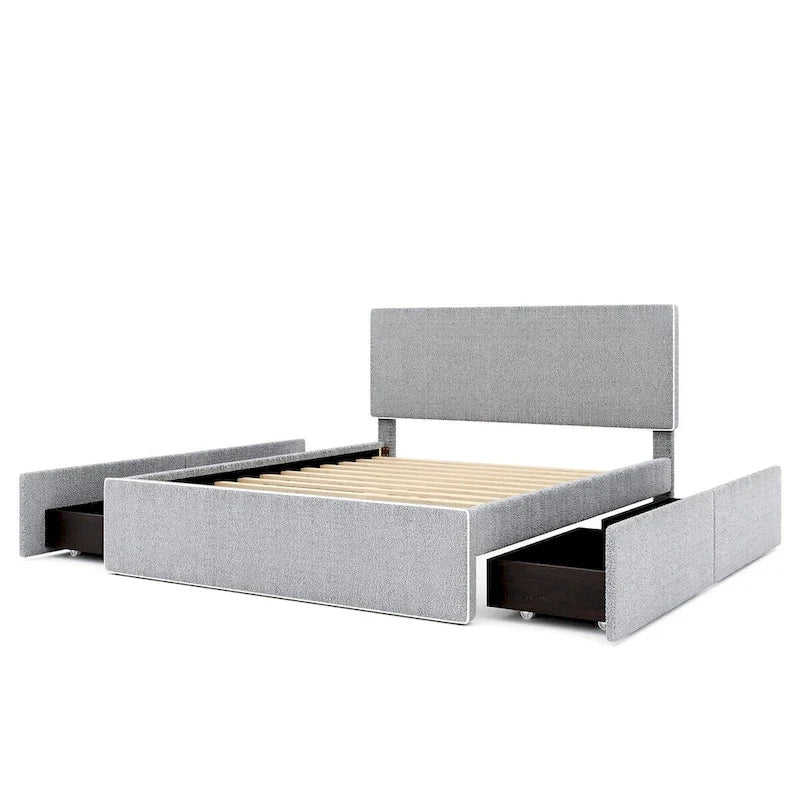 Lit plateforme en polaire, taille double, gris/blanc, 4 tiroirs, bord doré, pour 2 personnes