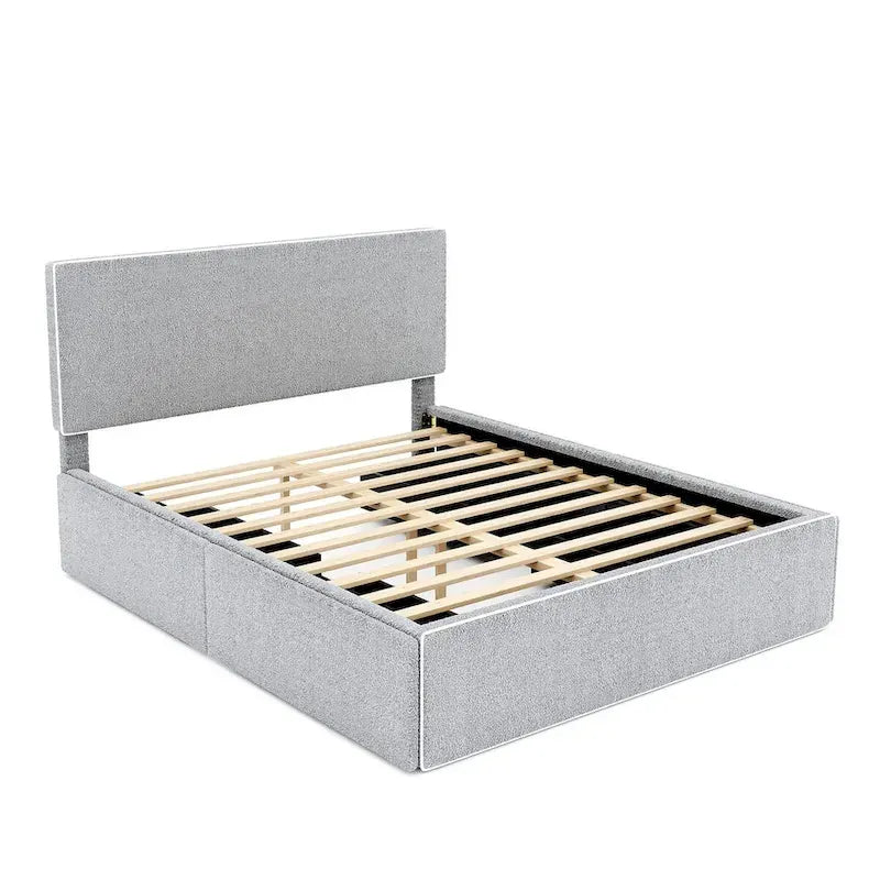 Lit plateforme en polaire, taille double, gris/blanc, 4 tiroirs, bord doré, pour 2 personnes
