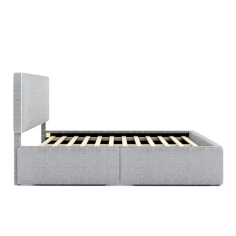 Lit plateforme en polaire, taille double, gris/blanc, 4 tiroirs, bord doré, pour 2 personnes
