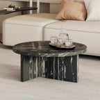 Une table basse ronde en MDF blanc avec motif, adaptée aux petits espaces et aux salons.