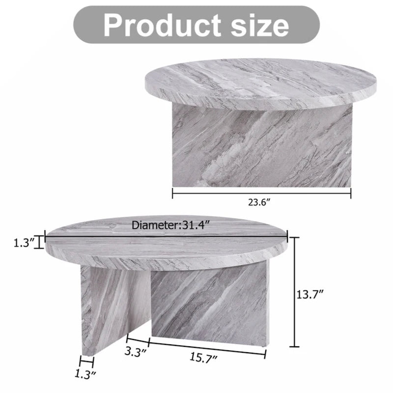 Une table basse ronde en MDF blanc avec motif, adaptée aux petits espaces et aux salons.