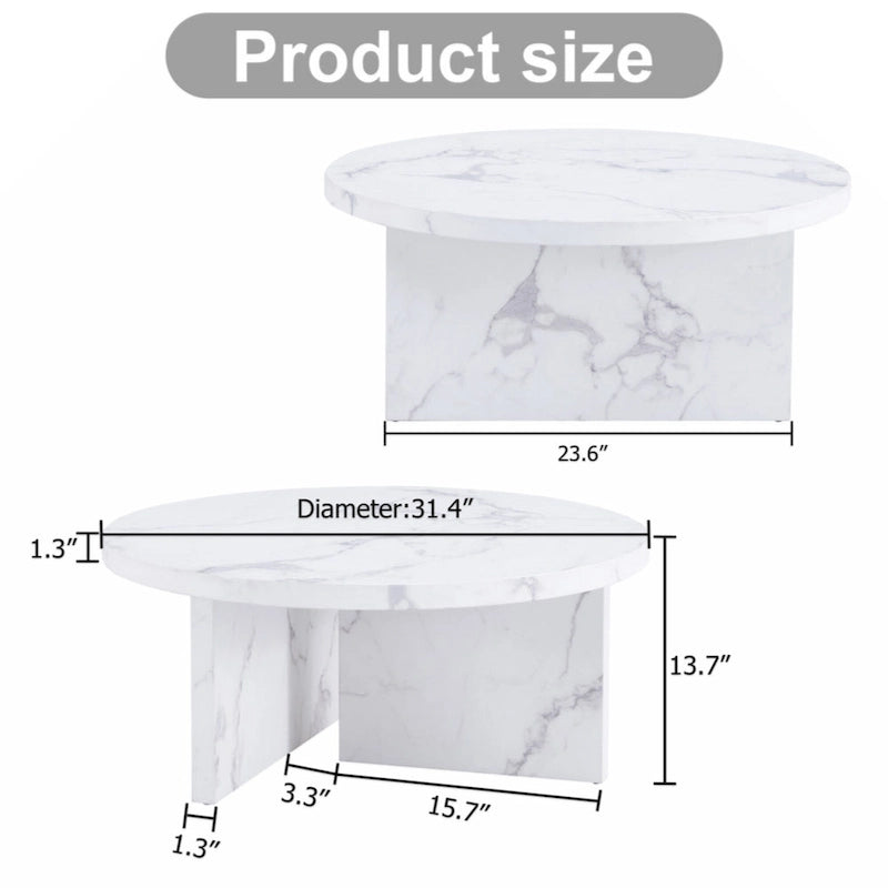 Une table basse ronde en MDF blanc avec motif, adaptée aux petits espaces et aux salons.