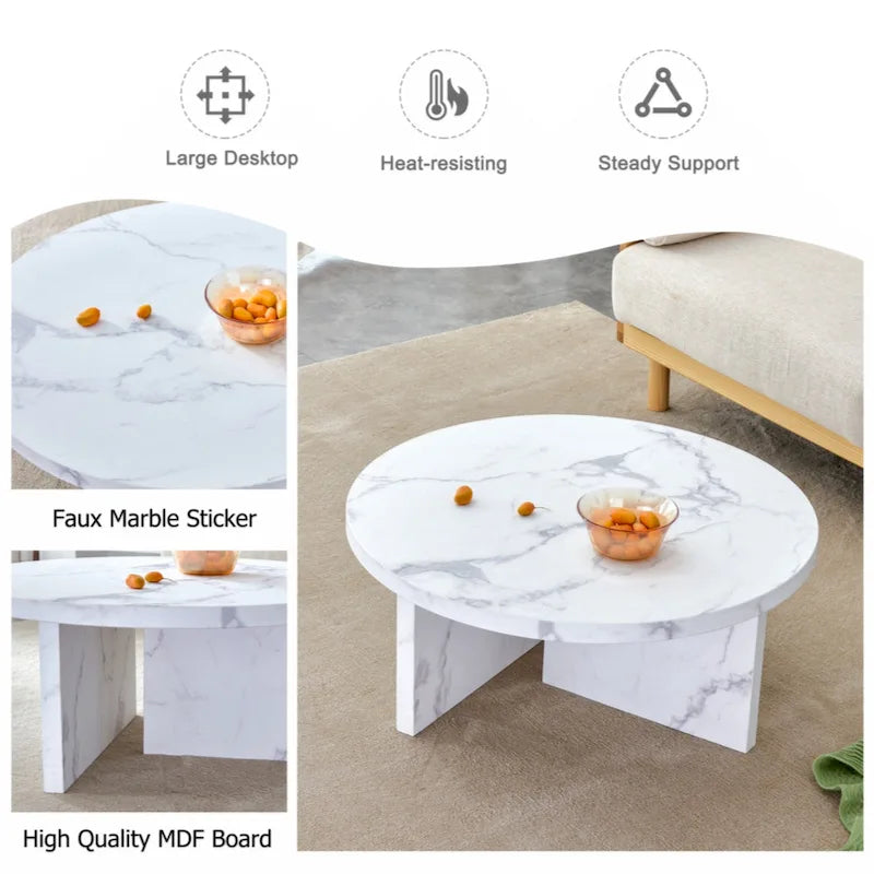 Une table basse ronde en MDF blanc avec motif, adaptée aux petits espaces et aux salons.