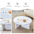Une table basse ronde en MDF blanc avec motif, adaptée aux petits espaces et aux salons.