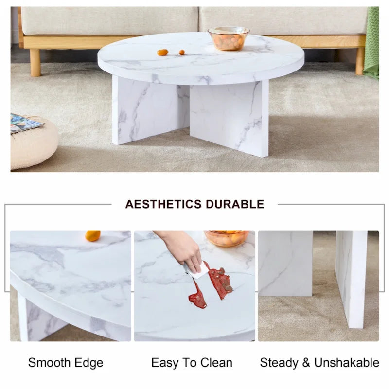 Une table basse ronde en MDF blanc avec motif, adaptée aux petits espaces et aux salons.