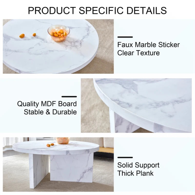 Une table basse ronde en MDF blanc avec motif, adaptée aux petits espaces et aux salons.