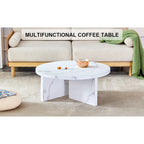 Une table basse ronde en MDF blanc avec motif, adaptée aux petits espaces et aux salons.