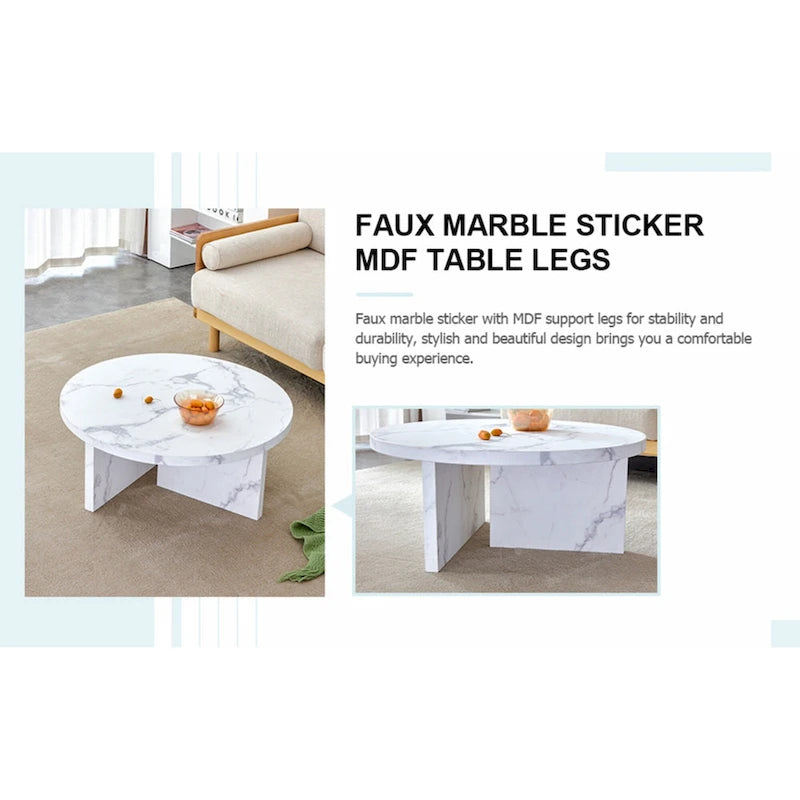 Une table basse ronde en MDF blanc avec motif, adaptée aux petits espaces et aux salons.