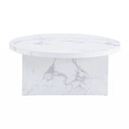 Une table basse ronde en MDF blanc avec motif, adaptée aux petits espaces et aux salons.