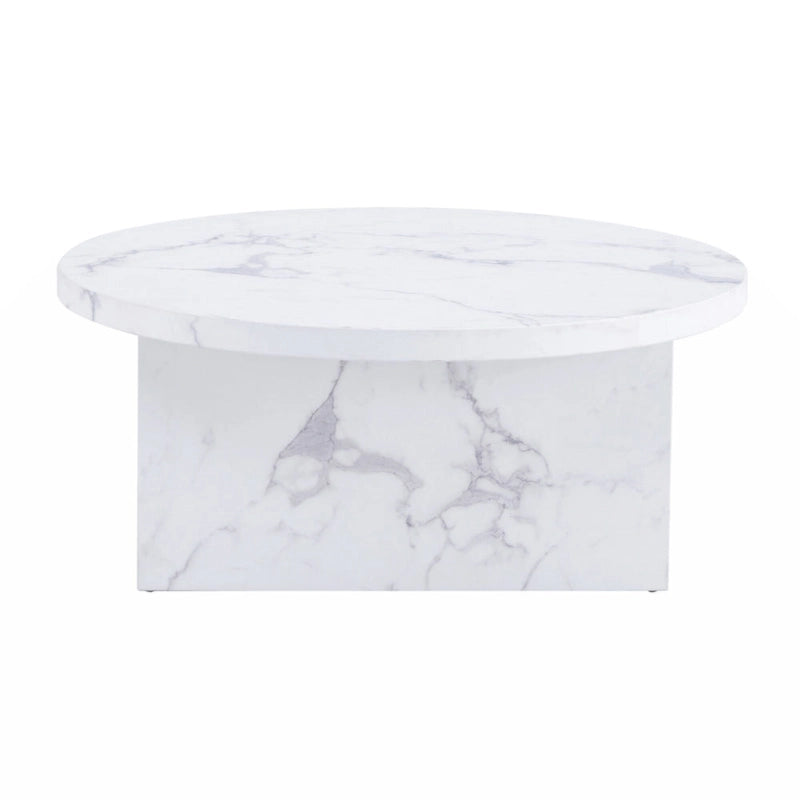 Une table basse ronde en MDF blanc avec motif, adaptée aux petits espaces et aux salons.