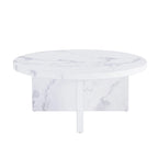 Une table basse ronde en MDF blanc avec motif, adaptée aux petits espaces et aux salons.