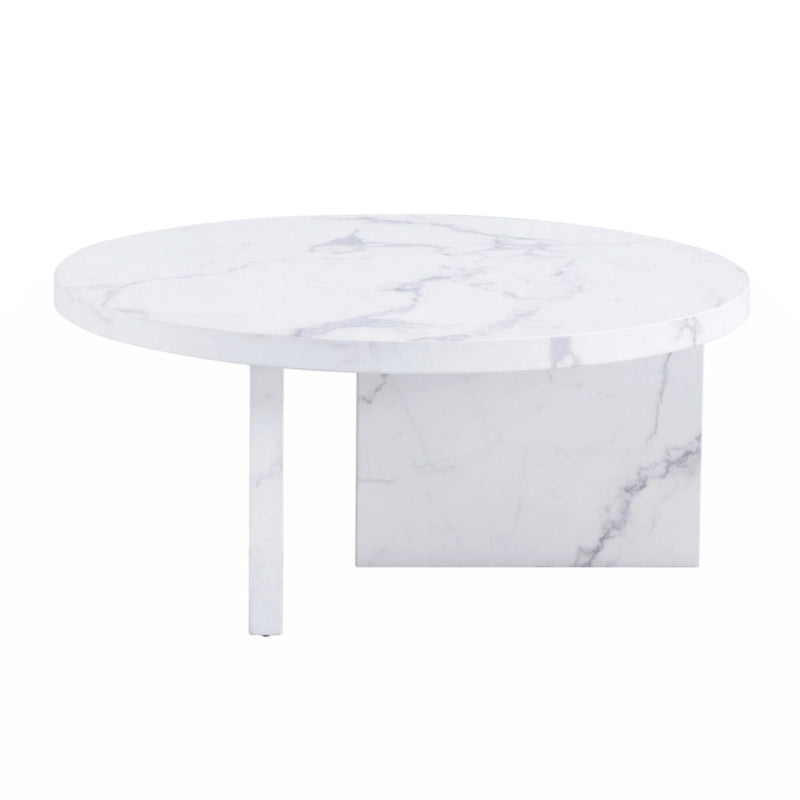 Une table basse ronde en MDF blanc avec motif, adaptée aux petits espaces et aux salons.