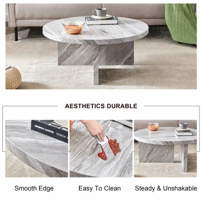 Une table basse ronde en MDF blanc avec motif, adaptée aux petits espaces et aux salons.