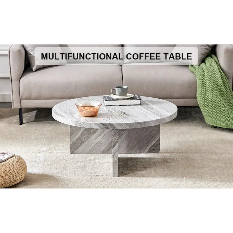 Une table basse ronde en MDF blanc avec motif, adaptée aux petits espaces et aux salons.