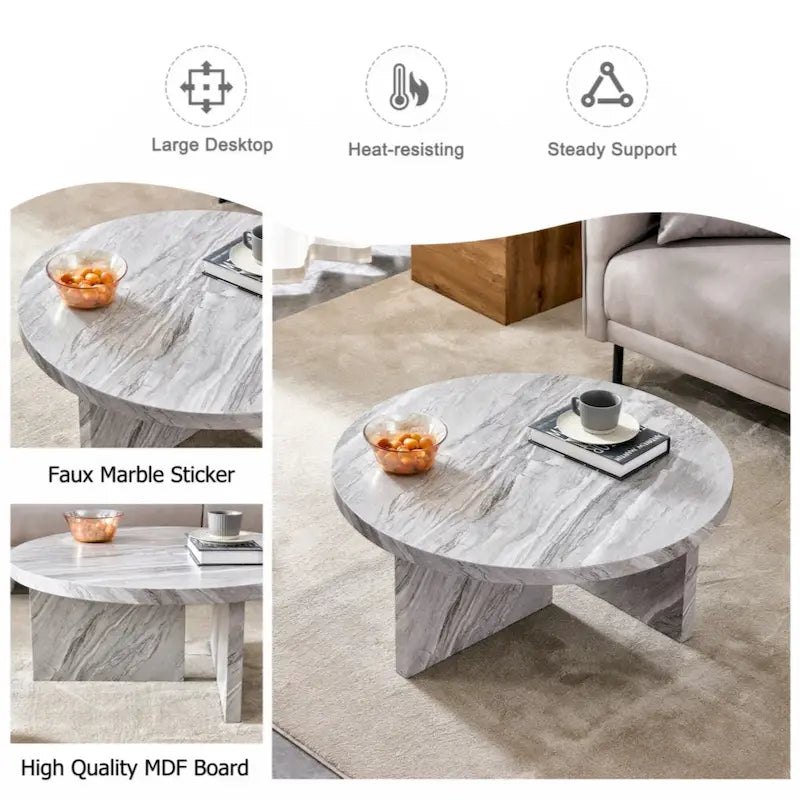 Une table basse ronde en MDF blanc avec motif, adaptée aux petits espaces et aux salons.