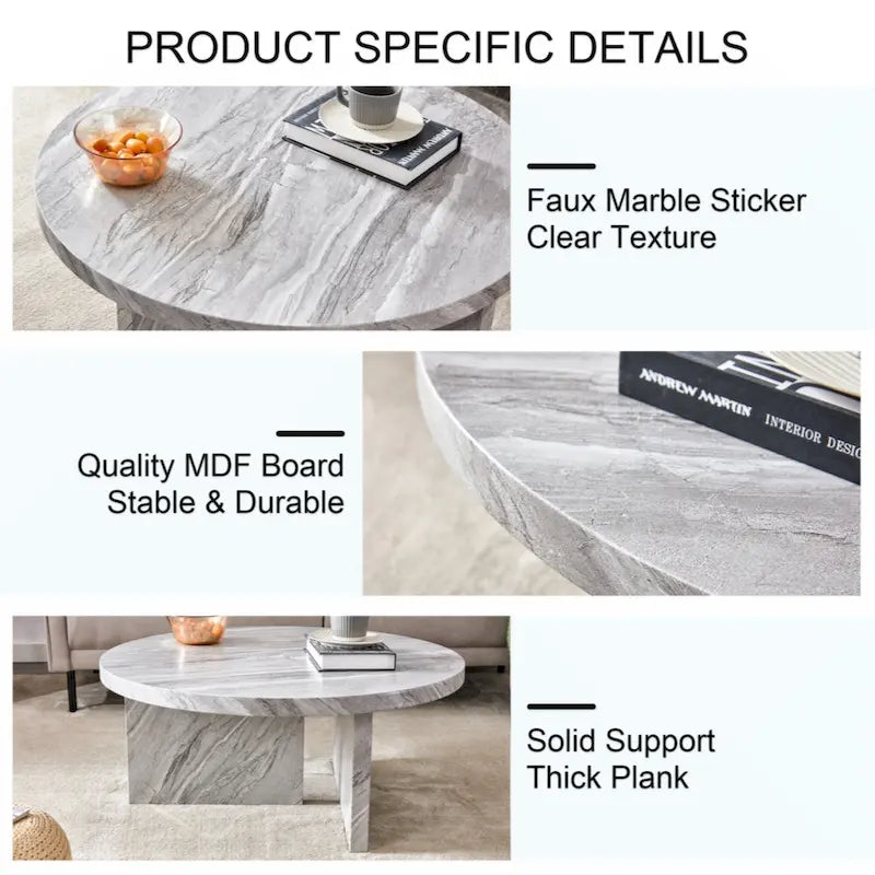 Une table basse ronde en MDF blanc avec motif, adaptée aux petits espaces et aux salons.