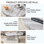 Une table basse ronde en MDF blanc avec motif, adaptée aux petits espaces et aux salons.
