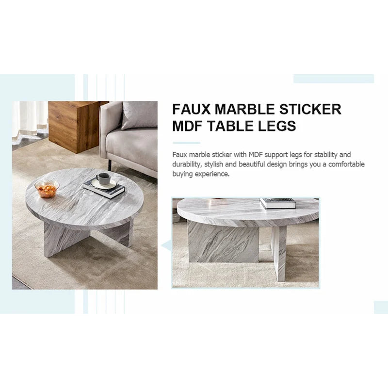 Une table basse ronde en MDF blanc avec motif, adaptée aux petits espaces et aux salons.