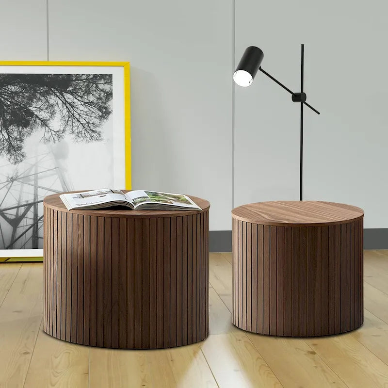 Ensemble de 2 tables basses gigognes cylindriques, Noyer/Noir, Plateau amovible