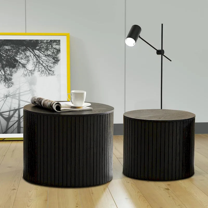 Ensemble de 2 tables basses gigognes cylindriques, Noyer/Noir, Plateau amovible