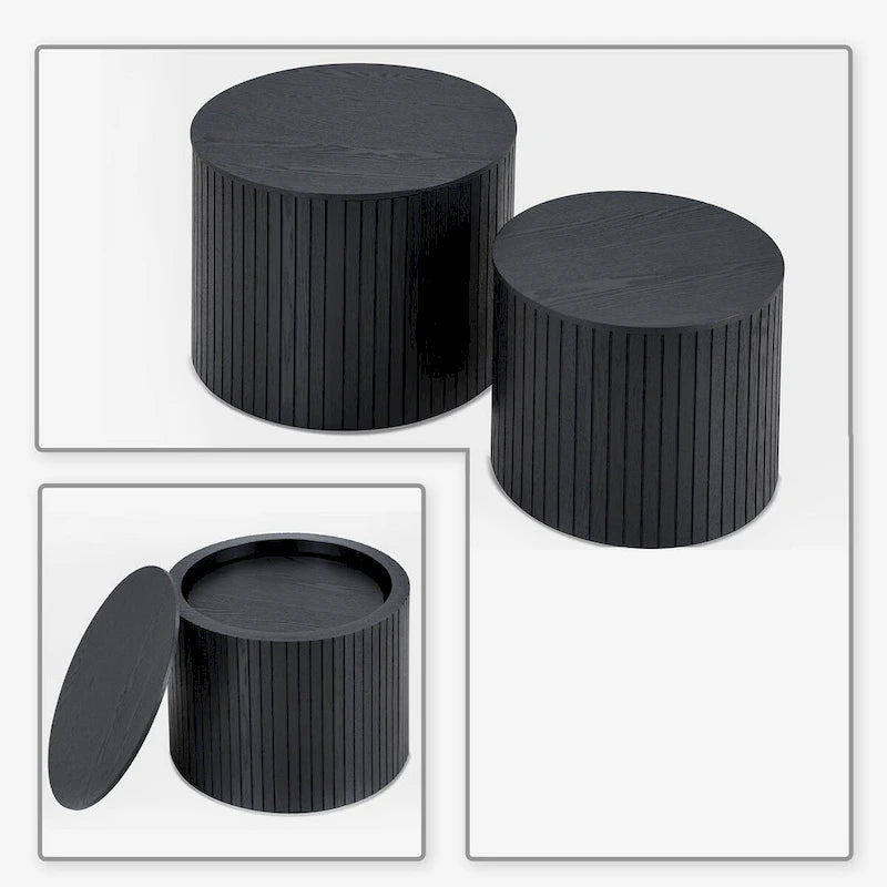 Ensemble de 2 tables basses gigognes cylindriques, Noyer/Noir, Plateau amovible