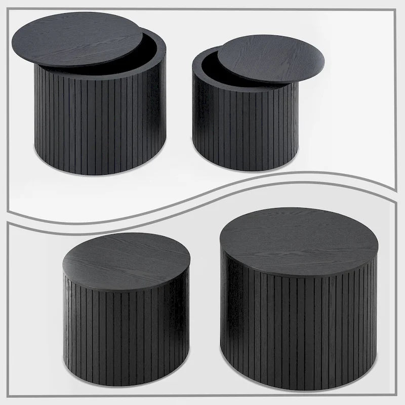 Ensemble de 2 tables basses gigognes cylindriques, Noyer/Noir, Plateau amovible