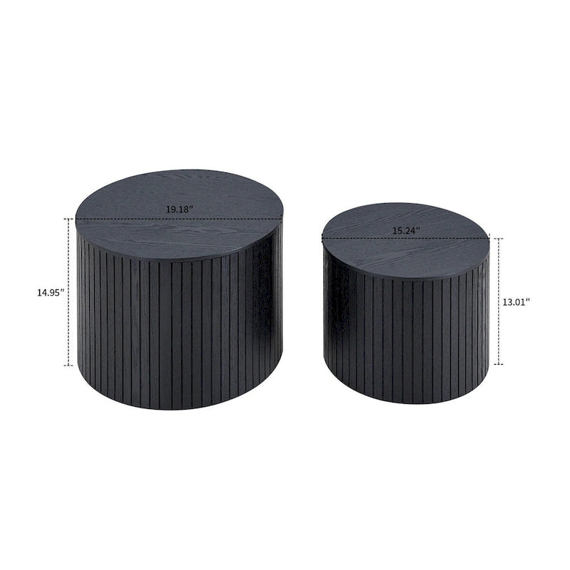 Ensemble de 2 tables basses gigognes cylindriques, Noyer/Noir, Plateau amovible