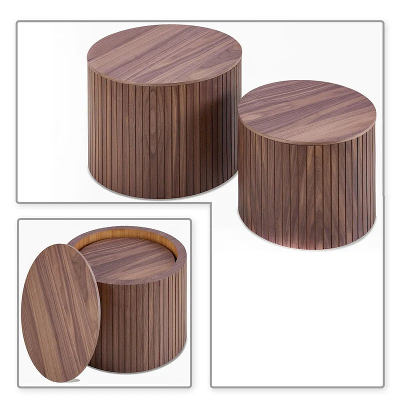 Ensemble de 2 tables basses gigognes cylindriques, Noyer/Noir, Plateau amovible