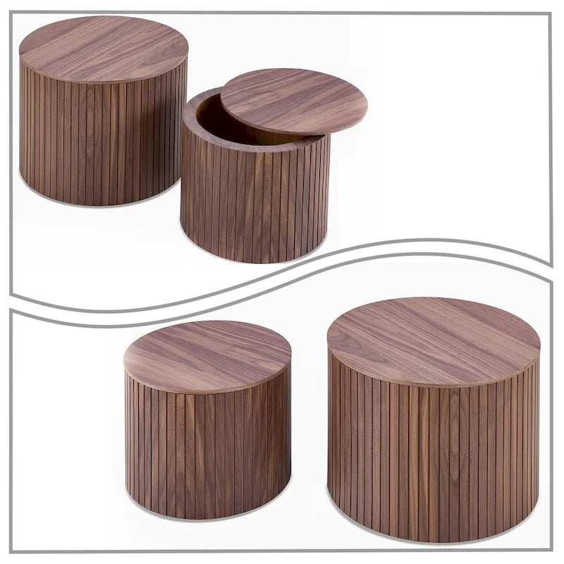 Ensemble de 2 tables basses gigognes cylindriques, Noyer/Noir, Plateau amovible