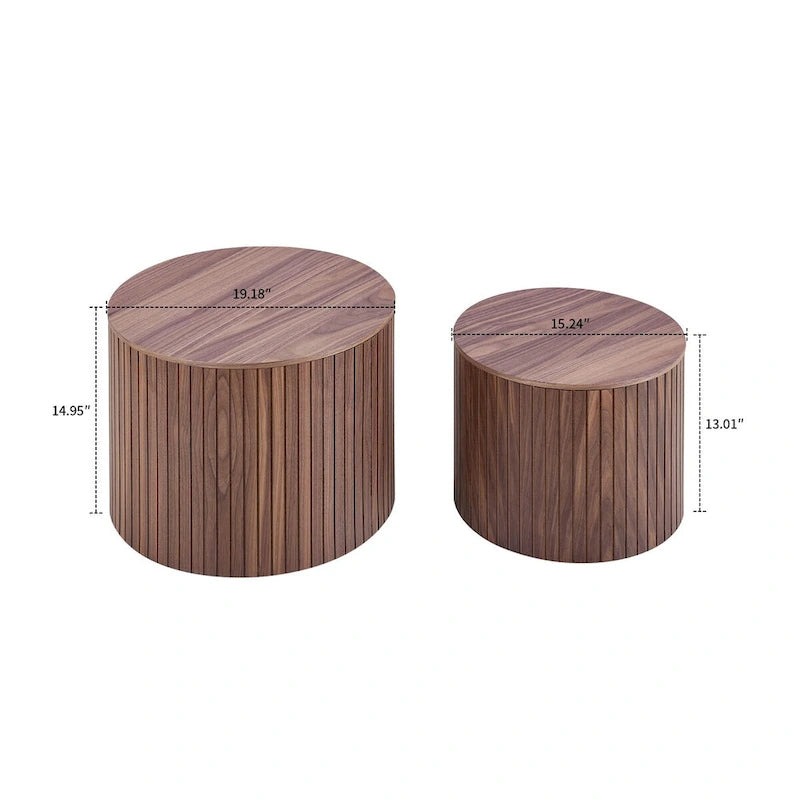 Ensemble de 2 tables basses gigognes cylindriques, Noyer/Noir, Plateau amovible