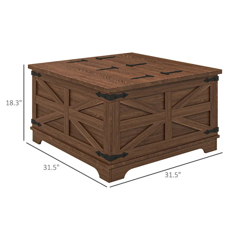 Table basse de ferme avec rangement, table basse avec plateau relevable à charnière et espace caché, table basse carrée