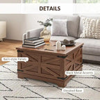 Table basse de ferme avec rangement, table basse avec plateau relevable à charnière et espace caché, table basse carrée