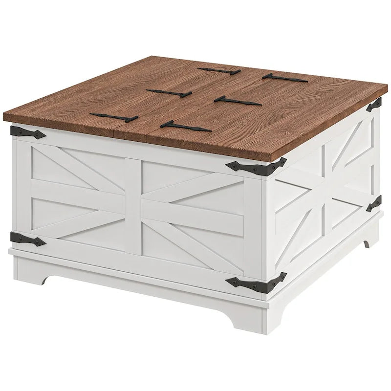 Table basse de ferme avec rangement, table basse avec plateau relevable à charnière et espace caché, table basse carrée