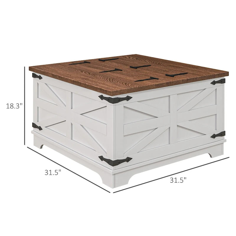 Table basse de ferme avec rangement, table basse avec plateau relevable à charnière et espace caché, table basse carrée