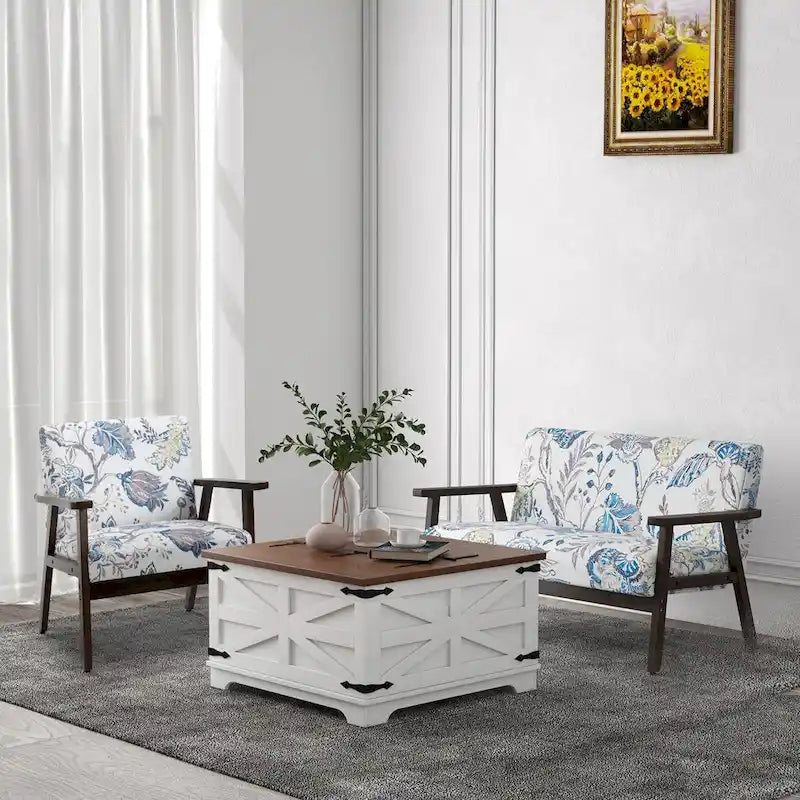 Table basse de ferme avec rangement, table basse avec plateau relevable à charnière et espace caché, table basse carrée