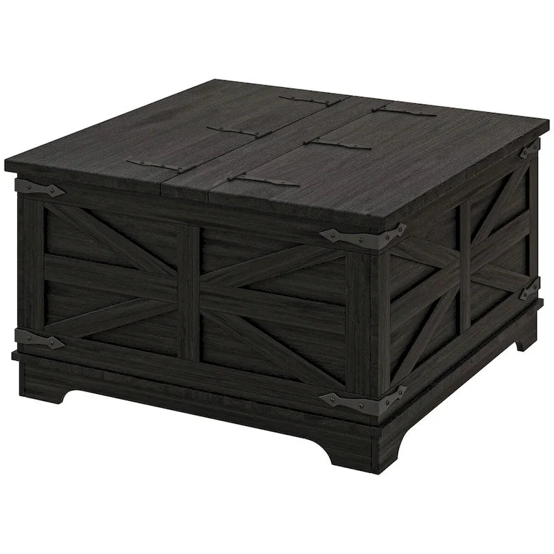 Table basse de ferme avec rangement, table basse avec plateau relevable à charnière et espace caché, table basse carrée