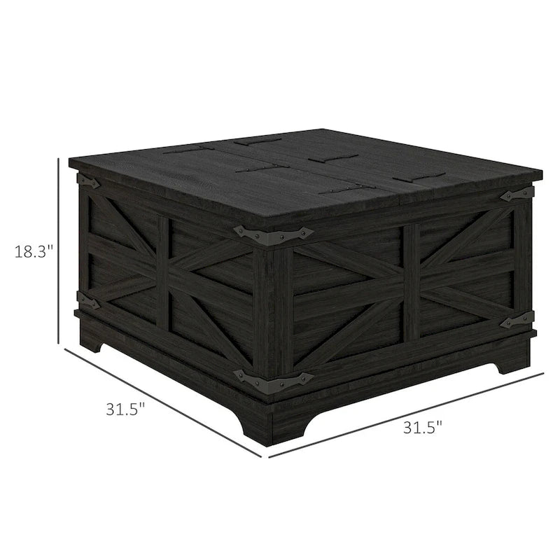 Table basse de ferme avec rangement, table basse avec plateau relevable à charnière et espace caché, table basse carrée